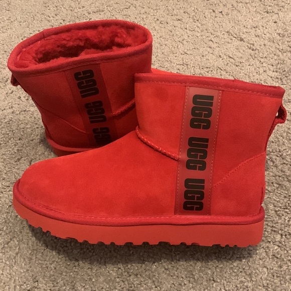 UGG® Australia Classic Mini Side Logo Sheepskin Suede Boots - Samba Red/Black - Picture 10 of 13